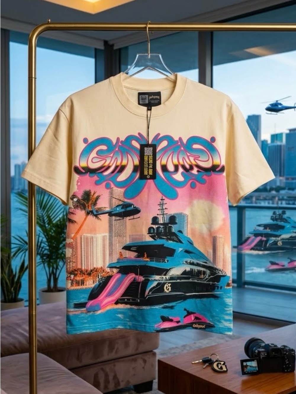 Graphic Cream Short-Sleeve Tee with Pink & Blue Yacht Scene